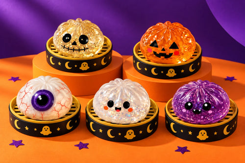 All five HeySquishy Halloween characters with matching steamers