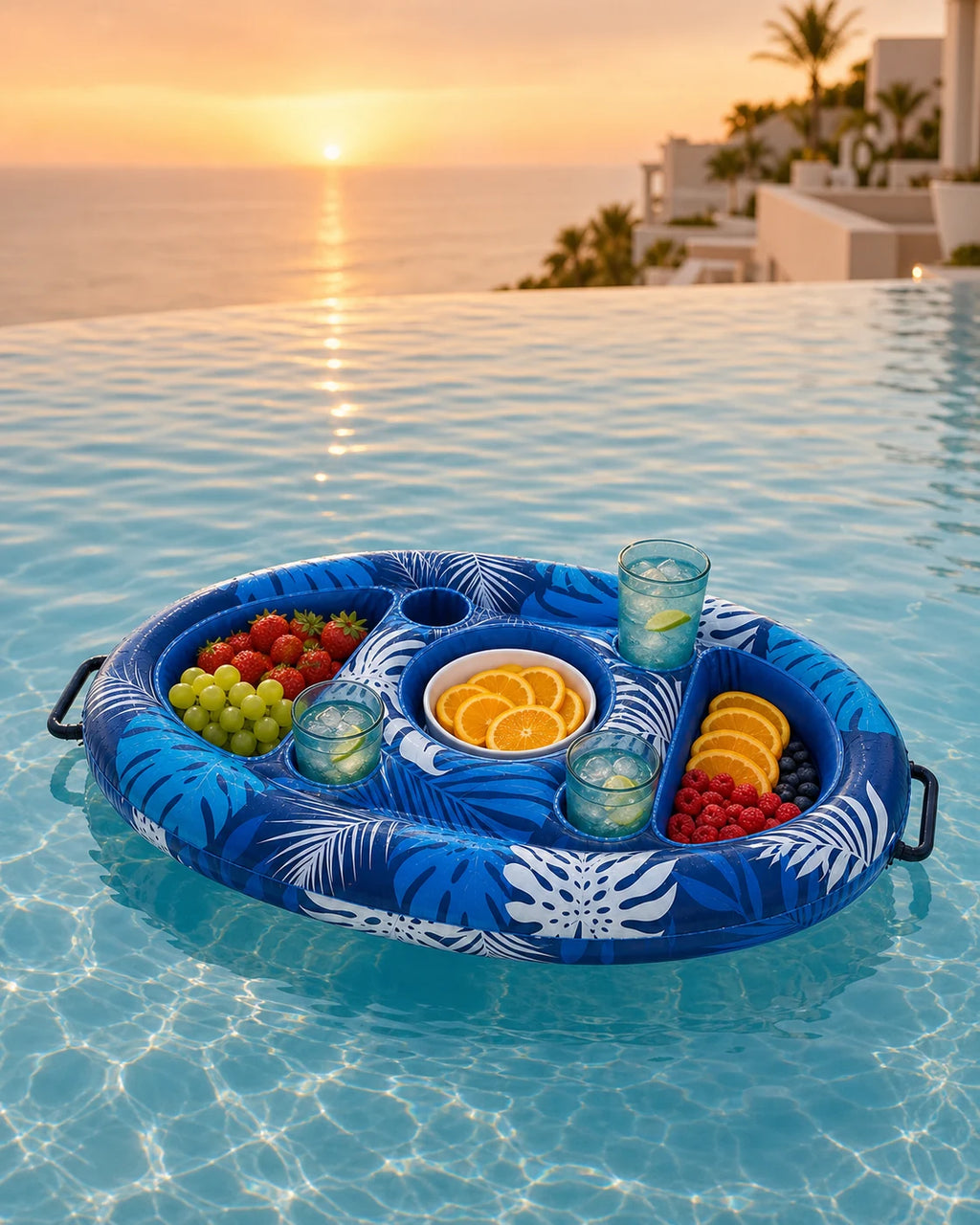 Poolora Float serving tray at golden hour in an infinity pool