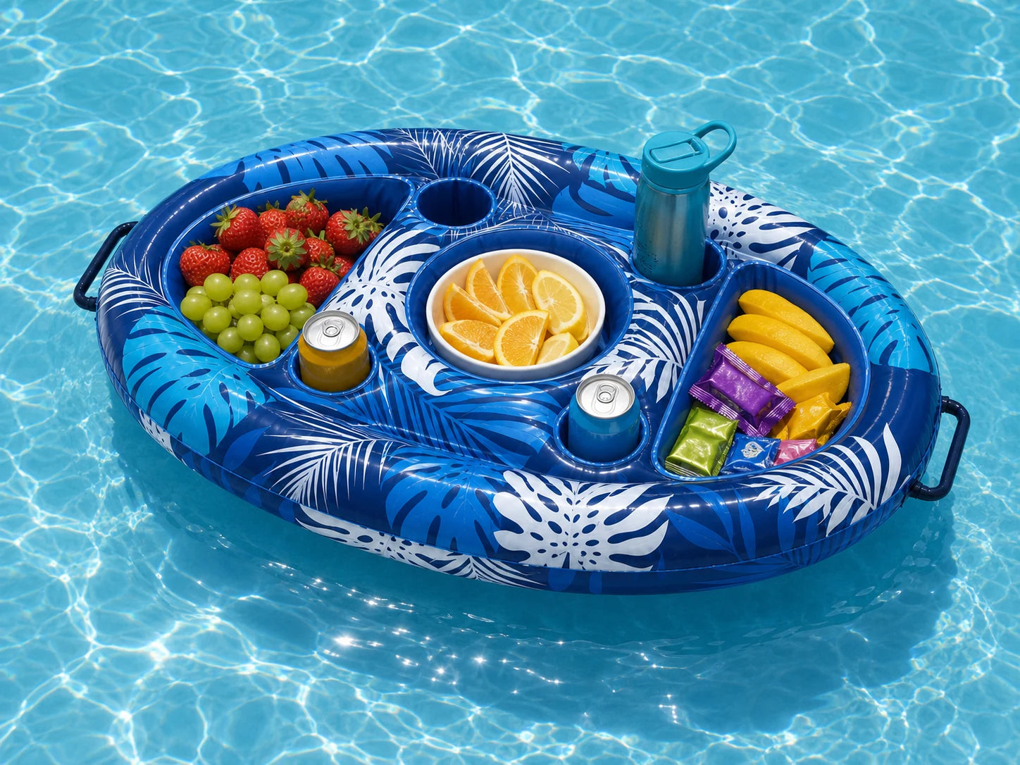 Poolora Float serving tray carrying fruit, snacks and cold drinks in a pool