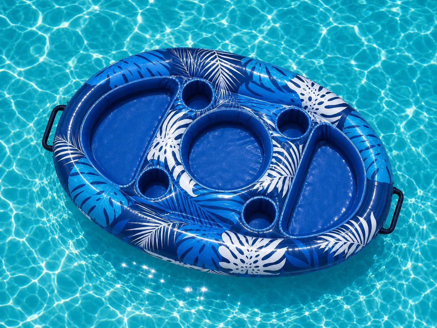 Overhead view of the empty Poolora Float serving tray in clear water